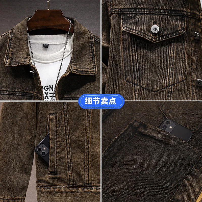 Men Denim Jacket Turn Down Collar Long Sleeve Coat Jackets  Spliced Distressed Single Breasted Outerwear Vintage Pockets