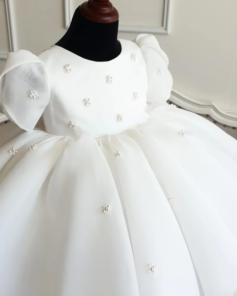 New Lace Christening Gowns For Baby Girls Crystal Floral Beads Baptism Dresses Infant Newborn First Communion Dress for Birthday