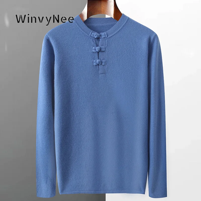 WinvyNee Men Pullover 100% Wool Retro Frog Fastener Half Open Neck Knit Top Cosy Elastic Office Male Fine Soft Sweater YM1853028
