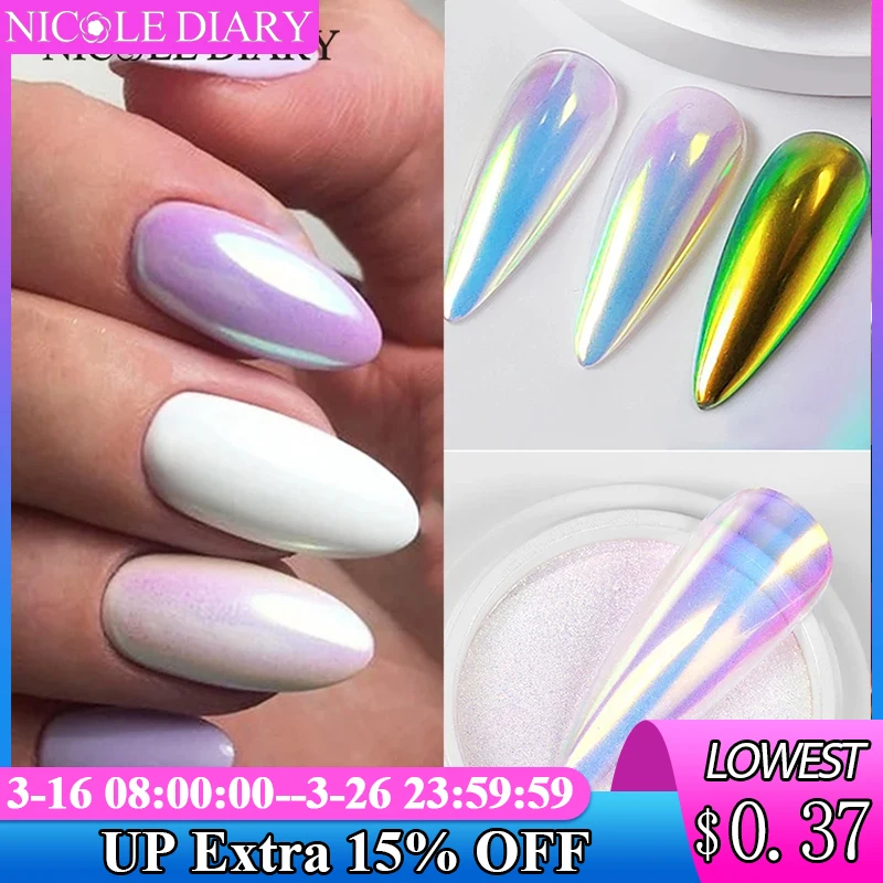 NICOLE DIARY Aurora Nail Powder White Chrome Pigment Pearl Rubbing Dust Mirror Effect Nail Art Glitter Manicure Nail Accessories