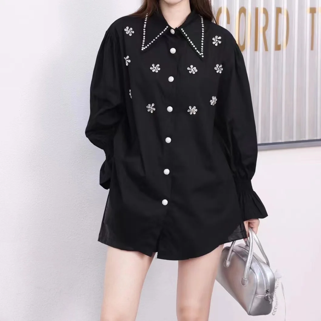 New In 2024 Autumn Diamonds Embroidery Cotton Shirts Women\'s Long Sleeve Loose Casual Single Breasted Blouses Ladies Top Blusas