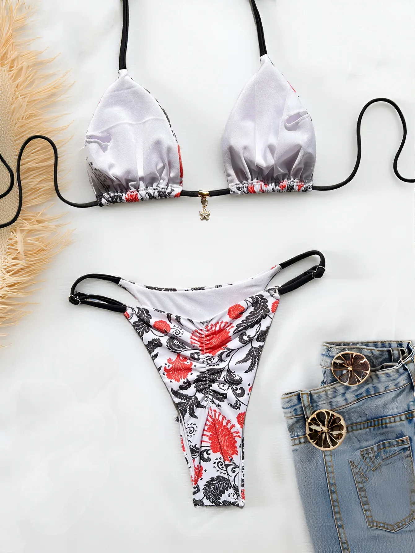 مثير زهرة طباعة الأبيض الرسن التعادل البيكينيات مجموعات قطعتين ثونغ ملابس السباحة المايوه biquini Tankini