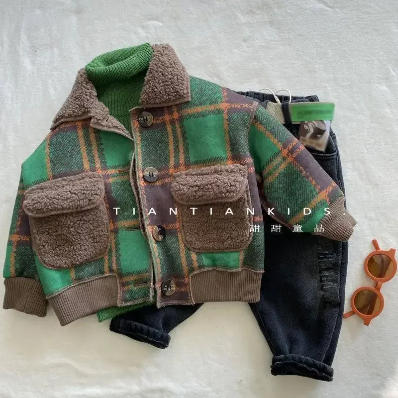 Jacken und Mäntel, koreanischer Pelz-Reversmantel für Kinder, grün karierte Fleecejacke, einreihiger Wintermantel für Jungen und Mädchen