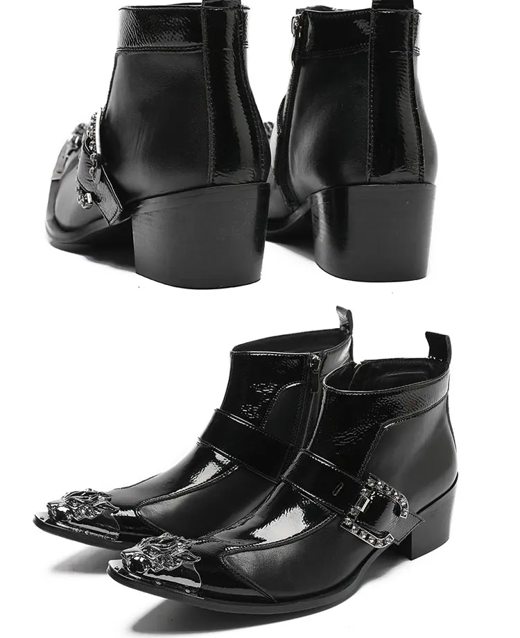 Frühlings-Herrenstiefel, rote Lederstiefel mit Nietenspitze, Modell, sozialer Kontakt, Erhöhung der Show, hochhackige Herrenstiefel aus Lackleder – Detail 14