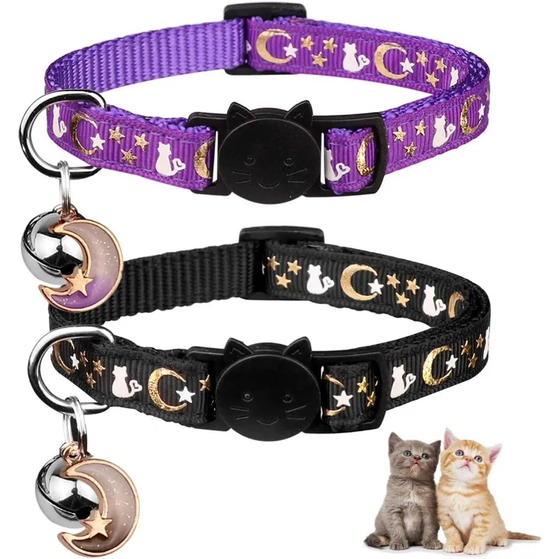 Personalisiertes Leuchtendes Katzenhalsband mit Namensschild, Anti-Verlust-Halskette, Kostenlos Graviert, Niedliches Welpen- und Kätzchen-Design mit Glocke & Mond-Ornament, 2 Stück