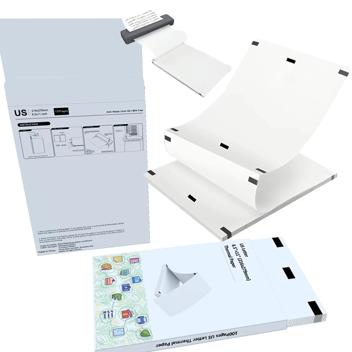 ورق حراري Phomemo A40 - حجم الرسالة الأمريكية 8.5 × 11 بوصة للطابعات اللاسلكية، أوراق الطباعة الفورية للاستخدام في الفندق/المكتب/المنزلي