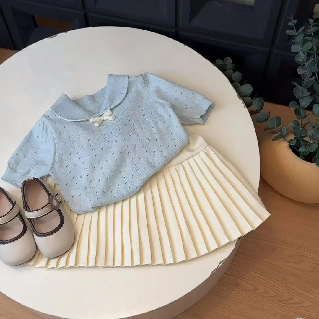 Girls' Short-sleeved Knitted Sweater Set New Summer Baby Girl Japanese and Korean College Style Set Hollow Thin Top