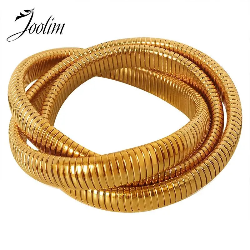 

Joolim Jewelry High End PVD Non Tarnish Chunky Fashion Three-layer Snake Winding Elastic Stainless Steel Bracelet for Women