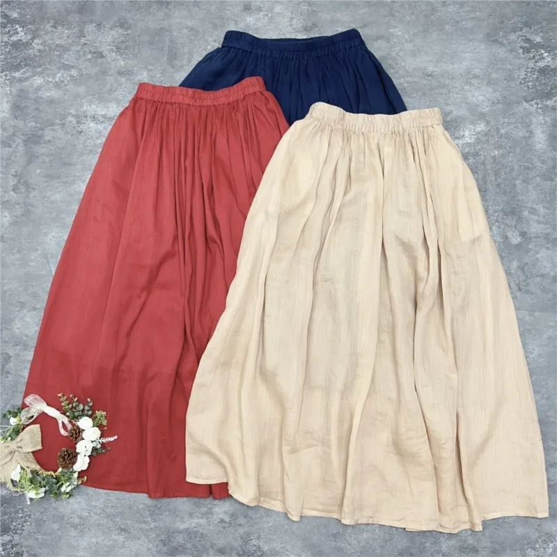 Johnature Summer New Vintage Ramie Women Skirts 2024 Casual Simple Loose Elastic Waist Solid Color All Match Women Skirts