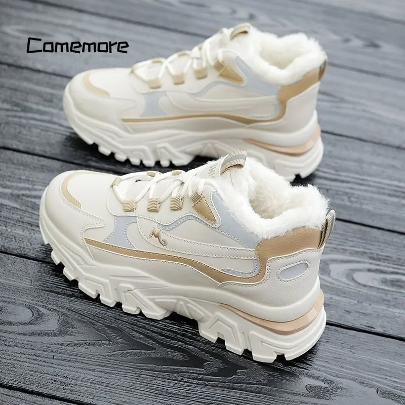 Comemore Ladies Lace Up Casual Sneakers Running Shoes for Woman Warm Snow Boots Thick Bottom Winter Women Platform Cotton Shoe