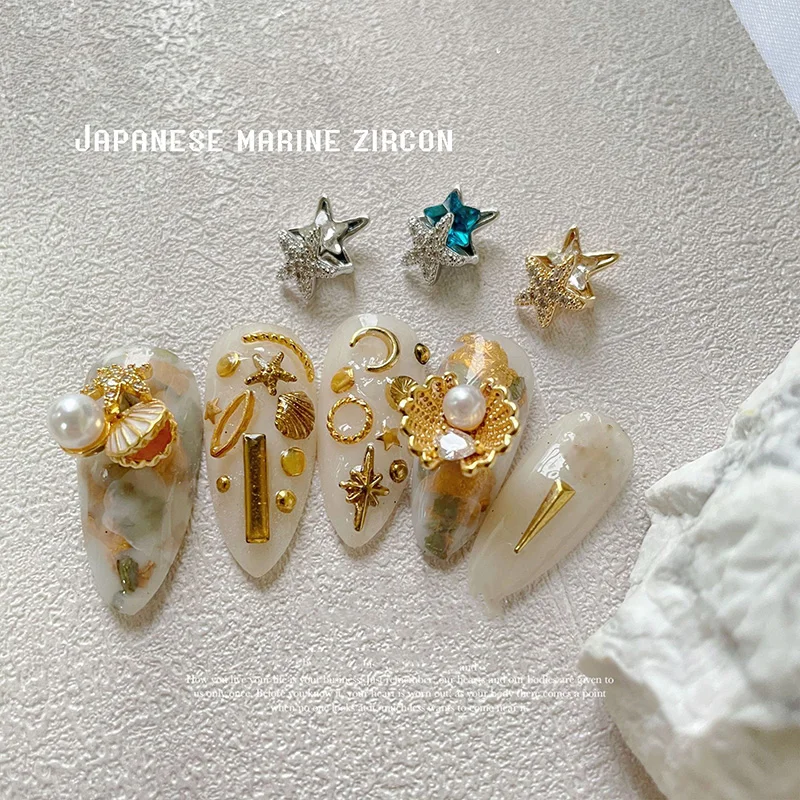 5Pcs Japanese Manicure Marine Zircon Mermaid Shell Pearl Real Gold Texture High Shiny Color Nail Art Metal Decoration