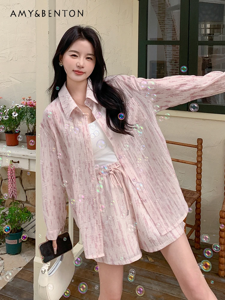 Korean Sun Protection Shirt Shorts Sets Summer Fashion Casual Oversized Shirt Coat Wide Leg Pants Two Piece Sets Womens Outifits