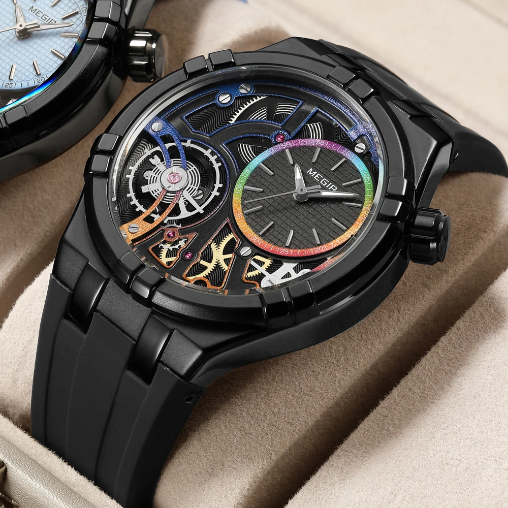 MEGIR Luxury Analog Quartz Watch for Male Stereoscopic 3D Dial Silicone Strap Alloy Case Wateproof Luminous Men's Wristwatch