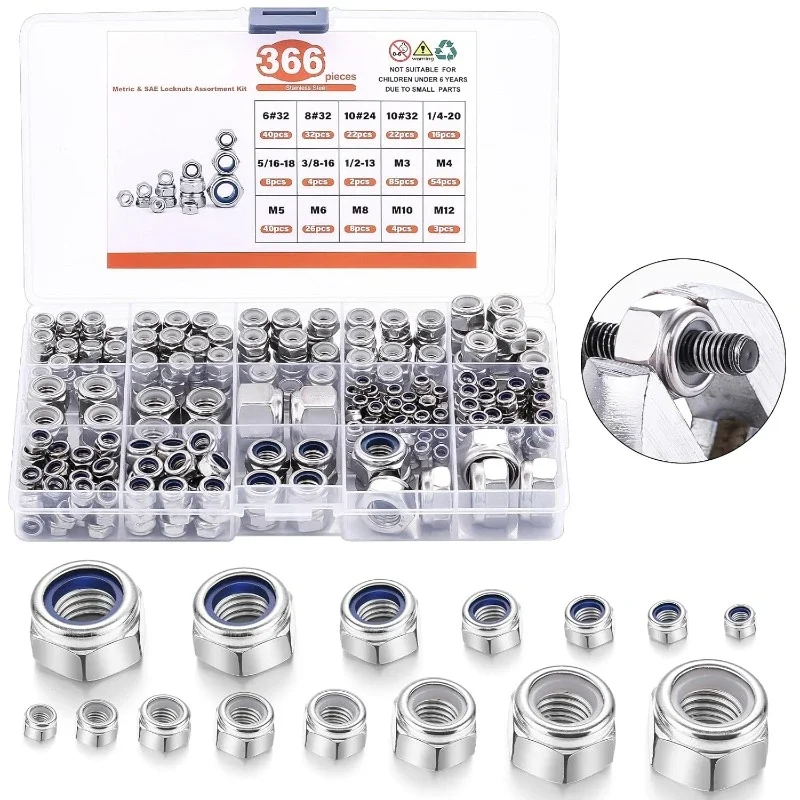 

366Pcs Metric Locknuts Assortment Kit Nylon Insert 304 Stainless Steel Hex Lock Nuts Hardware Nut