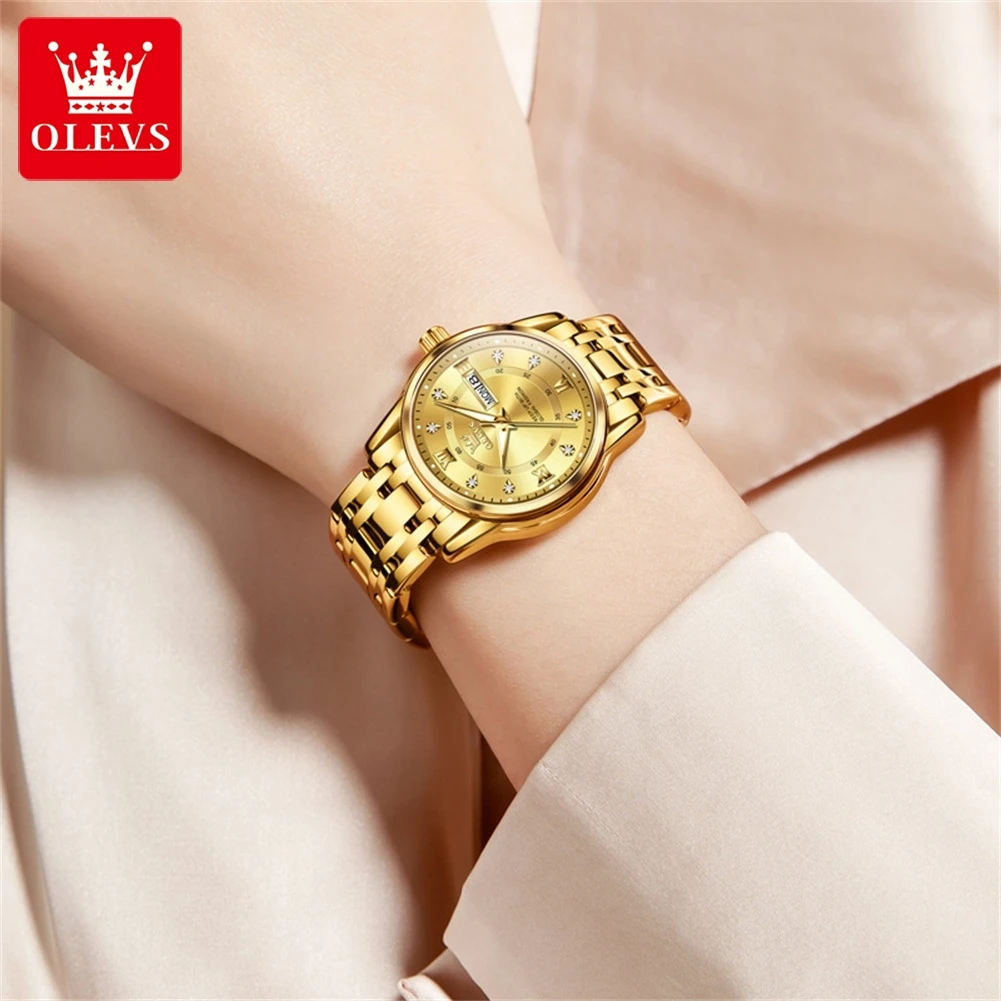 OLEVS 5513 Women\'s Watches Diamond Dial Dual Calendar Display Stainless steel Ladies Watch