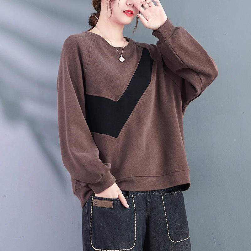 

1561 Fall Winter Loose Pullovers Sweatshirts For Women Fashion Contrast Color Patchwork Casual Long Sleeve Female Tops Clothing