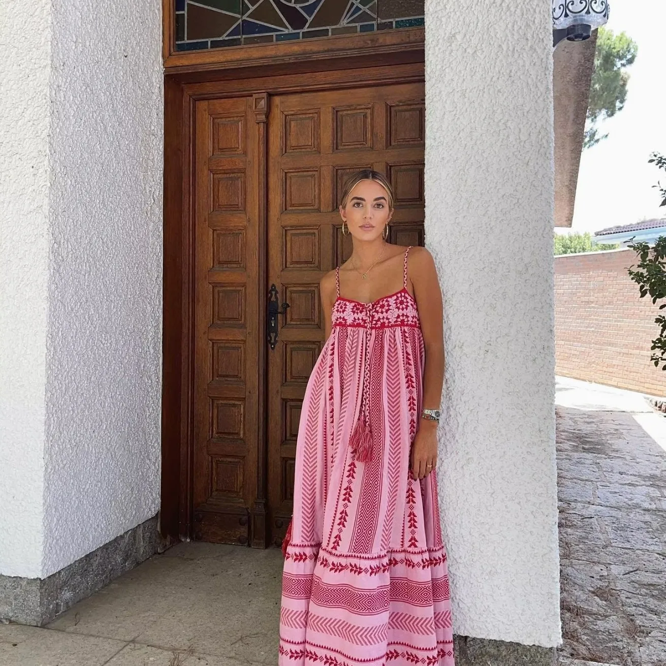 

2025 Summer New Women's Fashion Casual Elegant Sling V-neck Sexy Crochet Stitching Knit Dress Lady