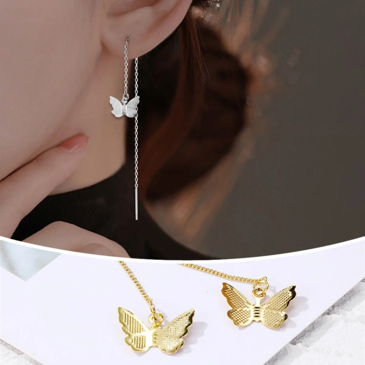 

Silver Plated Long Animal Butterfly Drop Earrings Luxury Hanging Pierced Ear Line Dangling Punk Stainless Steel Jewelry