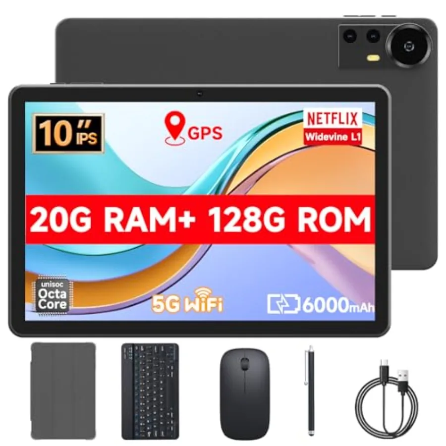 Tablet 10.1Inch Android 15.0 for work and study ABS plastic body black 20GB RAM 4+16Expand + 128GB ROM 6000mAh battery dual cam