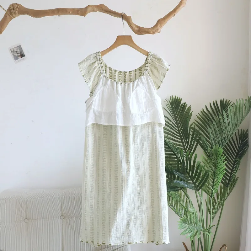2026 New Summer Women's Sleeping Skirt 100% Cotton Crepe Thin Tank Top With Chest Mat Large Loose Home Skirt Sleepwear