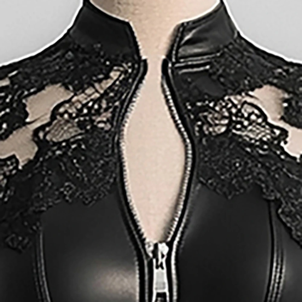 

Elegant PU Leather Women’s Dress Solid Color Lace Patchwork Mesh Long Sleeve Zipper Bodycon Dress A-Line Party Sexy Mini Dresse