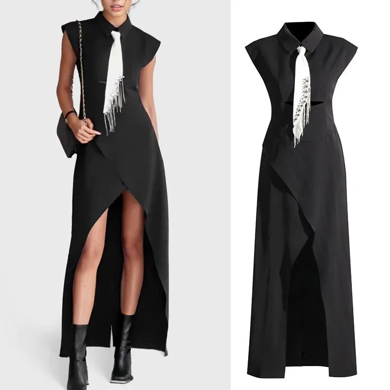 

Летнее женское платье 2025 года в стиле High Street с воротником-стойкой, рукавами-крылышками, дизайнерской завязкой, украшенное стразами, с разрезом, из полиэстера