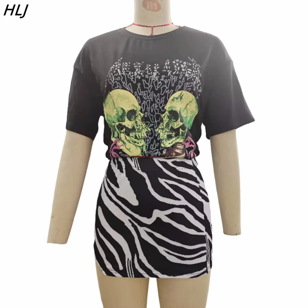 HLJ-Camiseta de manga curta feminina e mini saias, streetwear gola redonda, estampa padrão, moda Y2K, conjuntos 2pcs, roupas de verão