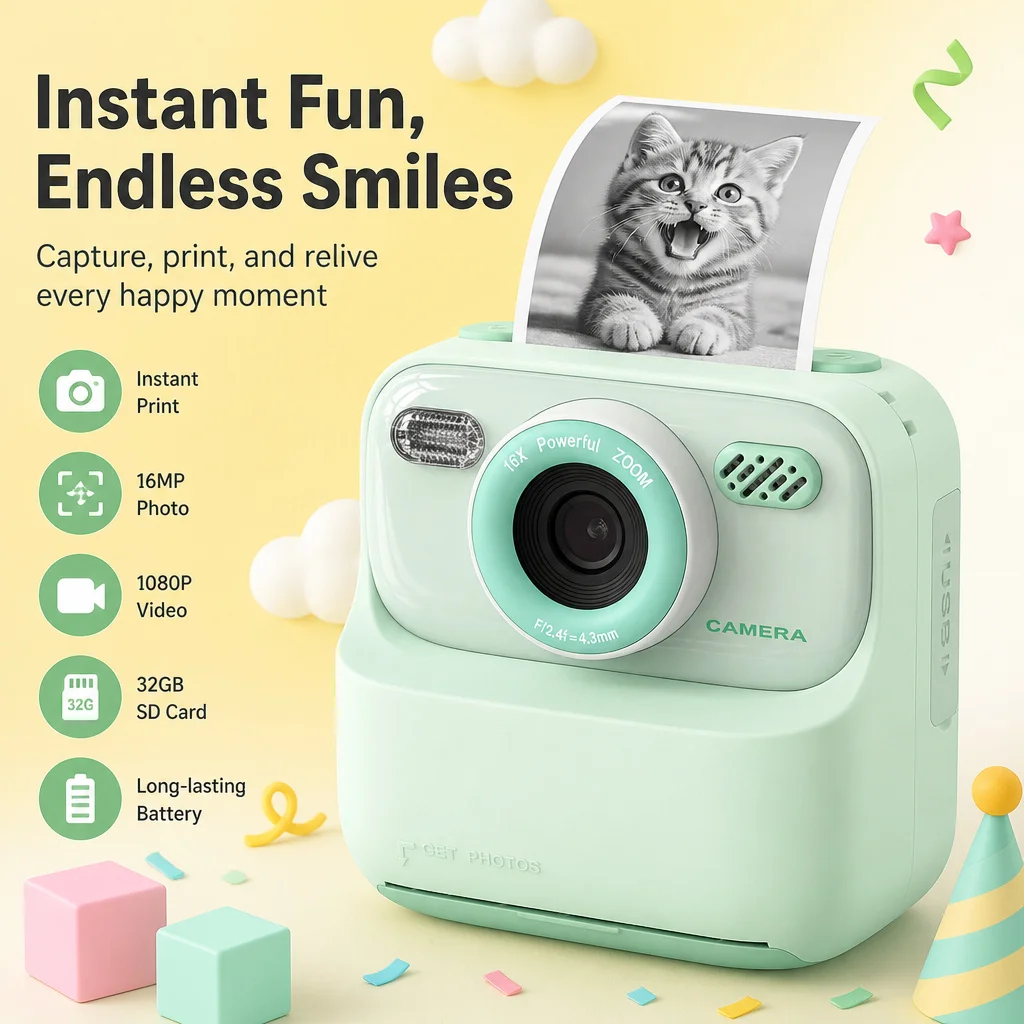 Kids Instant Print Camera 1080P HD Dual Lens Selfie Digital Camera Toy for Girls Boys Christmas Birthday Gift with 32G Card