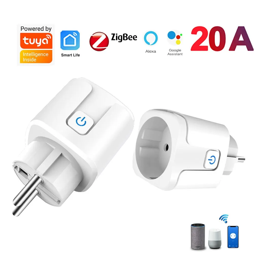 Work With Tuya ZigBee Socket Smart Plug EU 20A Power Monitor Timer Adapter Smart Home Wireless Compatible Alexa Google HOME