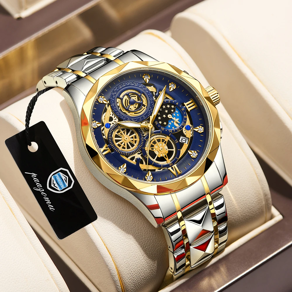 PAAZOMU Original luxe hommes montres Date chronographe en acier inoxydable montre à Quartz étanche lumineux mode homme montre-bracelet