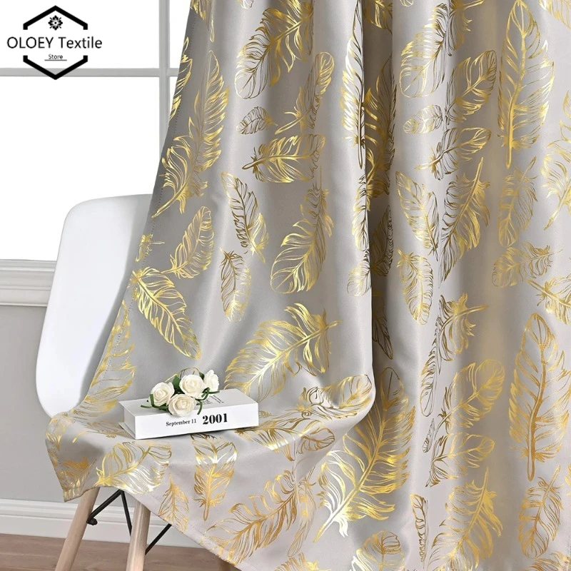 

New Gold Stamping Feather Printed Blackout Sheer Curtains for Bedroom Living Room Kitchen Custom Size Luxury Hotel Grade Drapes