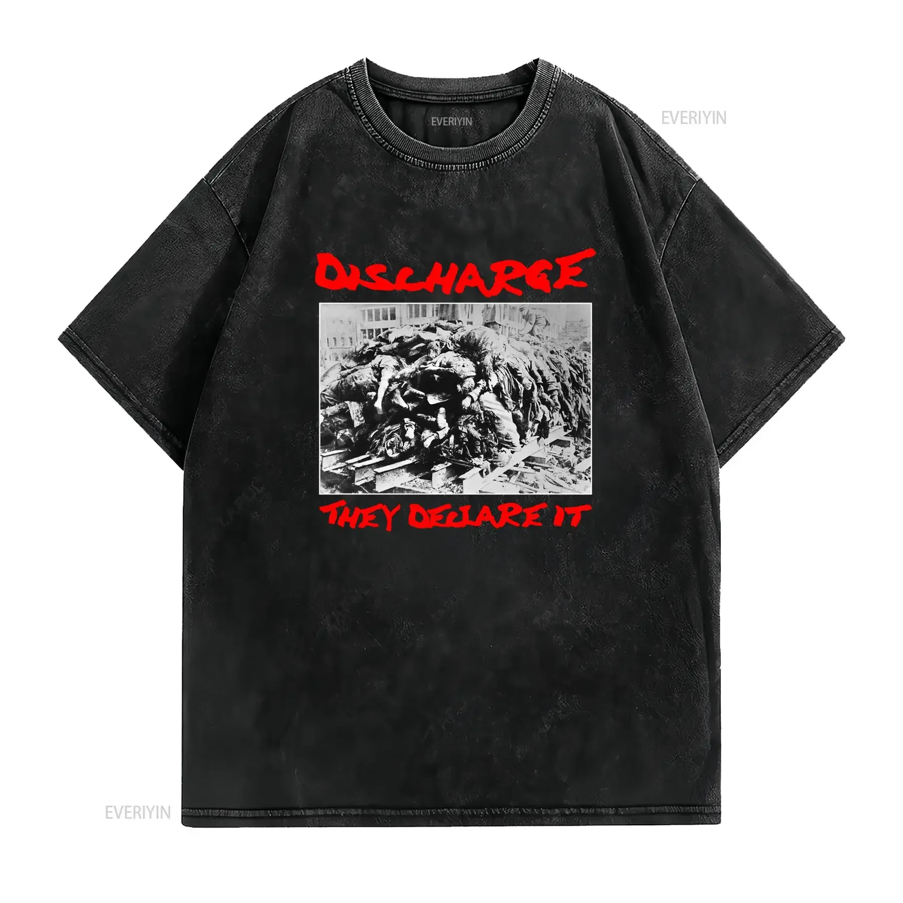 DISCHARGE Punk T Shirt Y Declare It Slogan Logotyp Tryck Svart med R?d Punktdesign XXL Storlek ?ret runt Casual rundhalsad