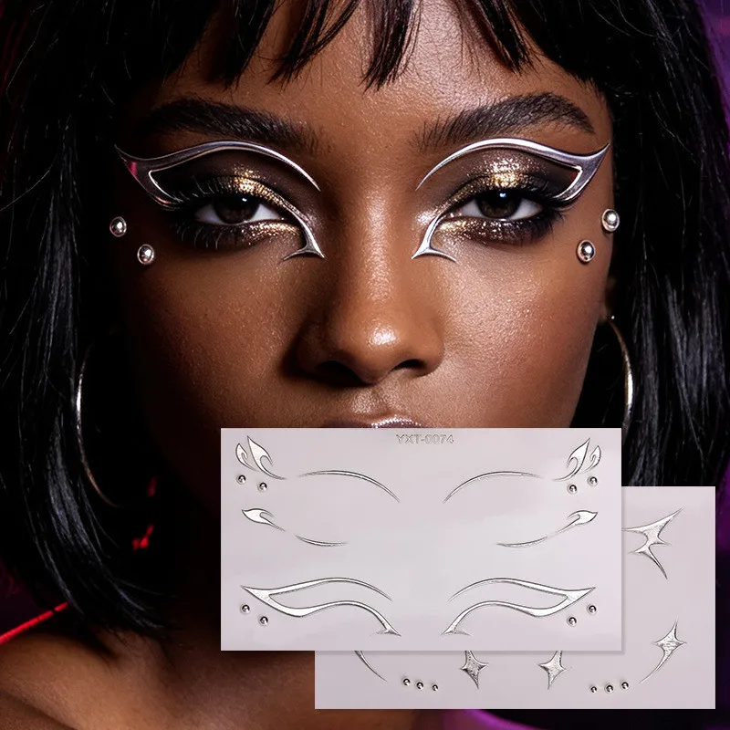 2 SHEETS 3D Metallic Silver Eye Makeup Stickers Y2K Cyberpunk Temporary Face Tattoo Silver Chrome Eyeliner Gems Music Festival