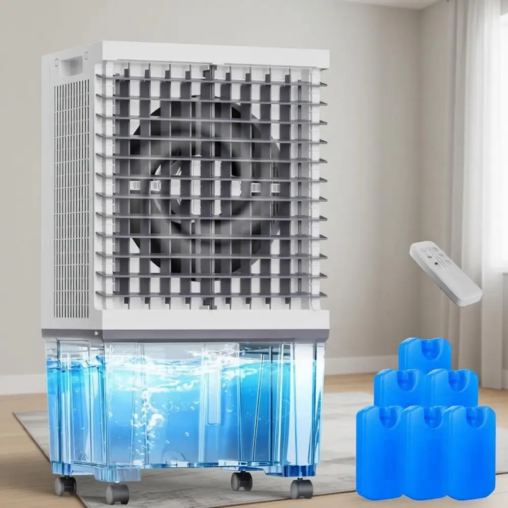 

Воздухоохладитель Eative, испарительный охладитель 3-в-1 с резервуаром для воды на 5,3 галлона, 6 пакетами со льдом, пультом ДУ, 12-часовым таймером, 120 ° Осциллятор, портативный генератор