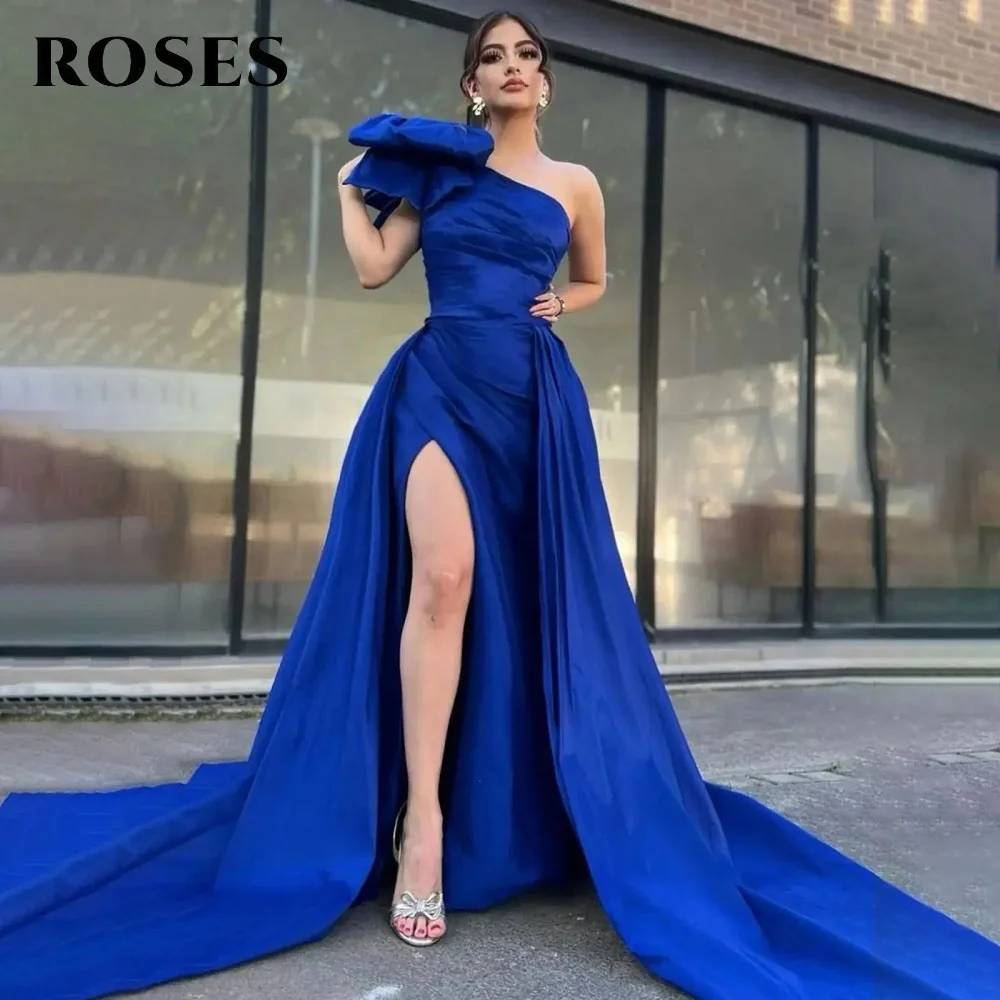 

ROSES Royal Blue Prom Dresses One Shoulder Celebrity Dress Pleats Split Evening Dress with Bow Satin Dress for Prom Customized