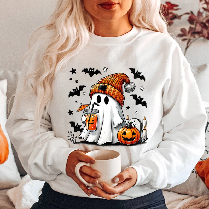 New Women\'s Sweatshirt Halloween Ghost Pumpkin Bat Print Round Neck Pullovers Ladies Autumn Winter Casual Halloween Sweatshirt