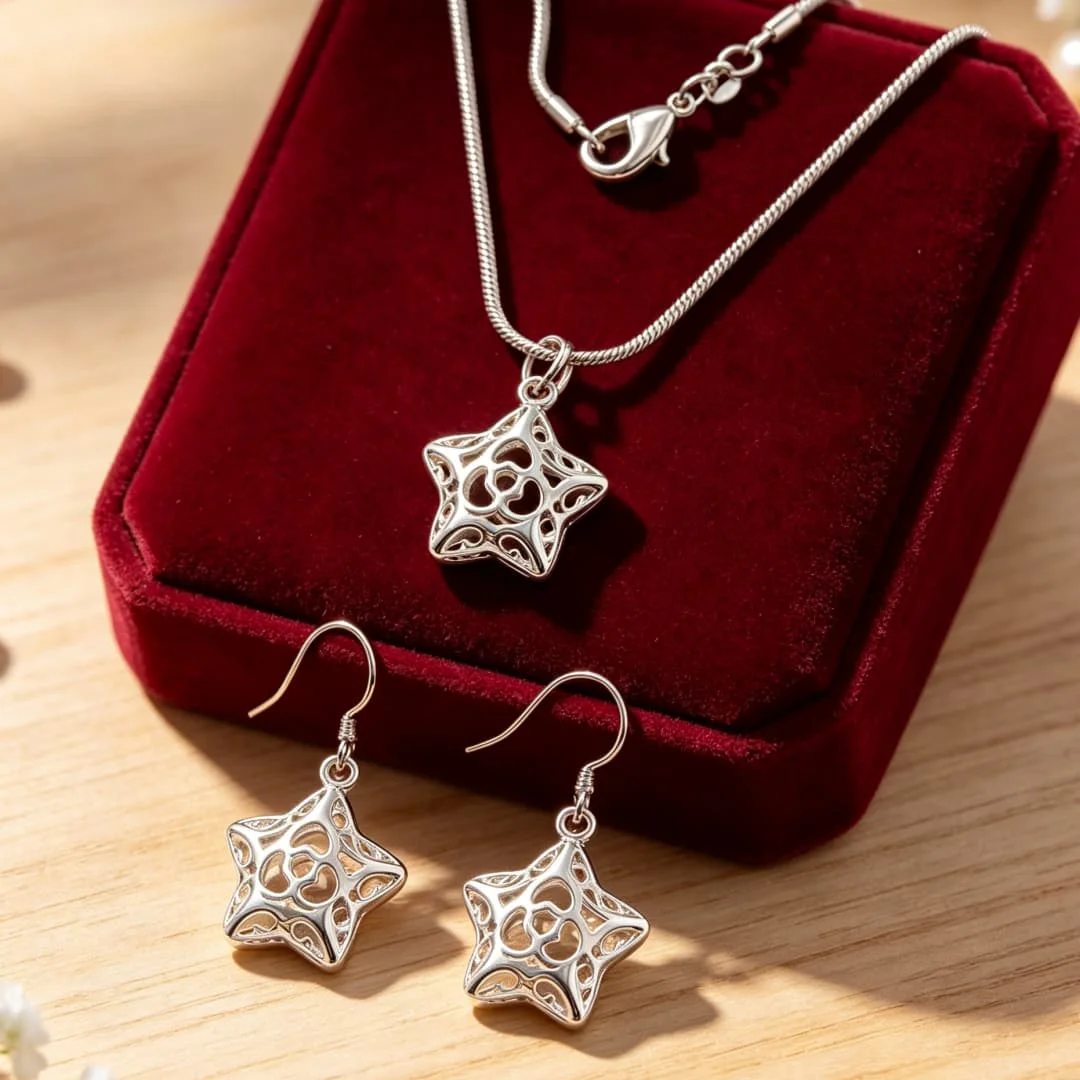 2pcs Set 925 Sterling Silver Classy Charms Star Necklace Earrings for Women Fashion Designer Wedding Jewelry Set