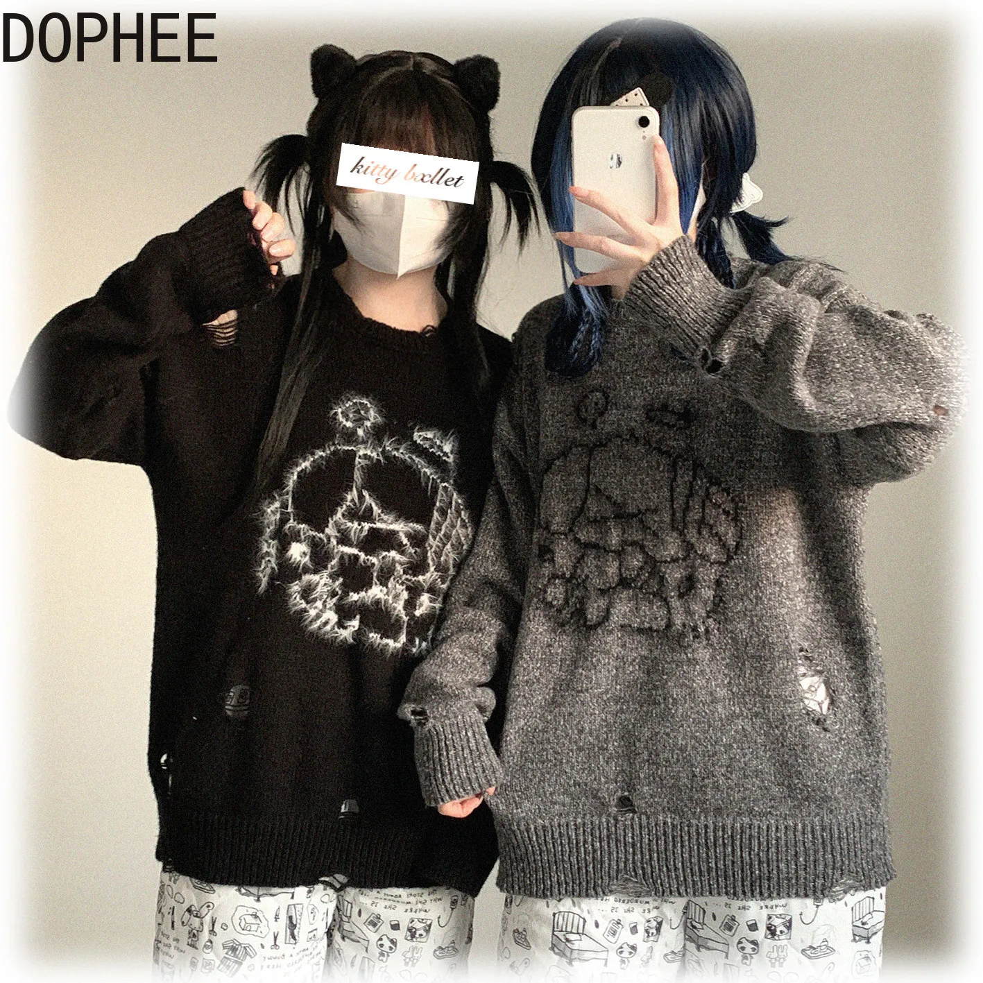 

Original Japanese New Autumn Winter Loose Women Sweater Round Neck Pullovers Subcultural Patterns Hole Long Sleeve Knitted Tops