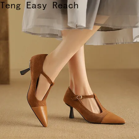 Retro Spring Mary Jane Low High Shoes Womens Pumps T-tied Shoes Zapatos De Mujer Stilettos High Heels Soft Leather Office Dress