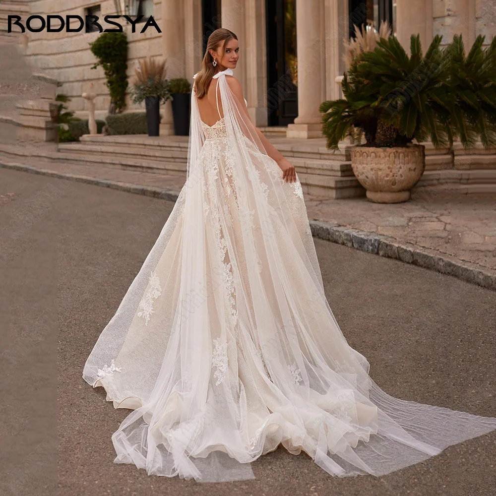 RODDRSYA-Vestidos de novia de línea a con purpurina para mujer, tirantes finos, apliques sin espalda, cuello en V, tul, Vestidos de noviaRoddrsya brillante vestido de novia femenino de letra a fideo correas sin calcoma