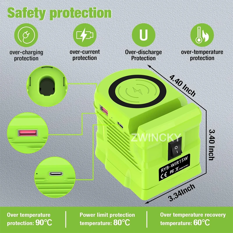 For Ryobi 18V 40V Li-ion Battery Wireless Phone Charger Adapter With USB Type-C Output Port Portable Power Bank for Camping