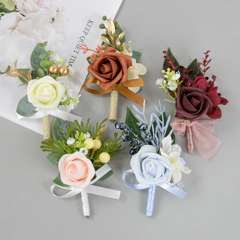 Boutonnières de marié de mariage, fleurs artificielles, Corsage de roses, costume de garçons d'honneur, broches, accessoires de mariage, fourniture de réception nuptiale