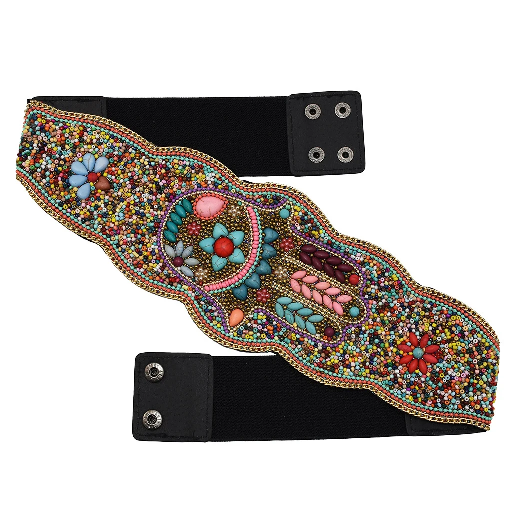 Colorful Beads Turquoise Flower Palm Pattern Waistband Women\'s Belt Bohemian Tibet Ethnic Elastic Leather Girdle Body Jewelry