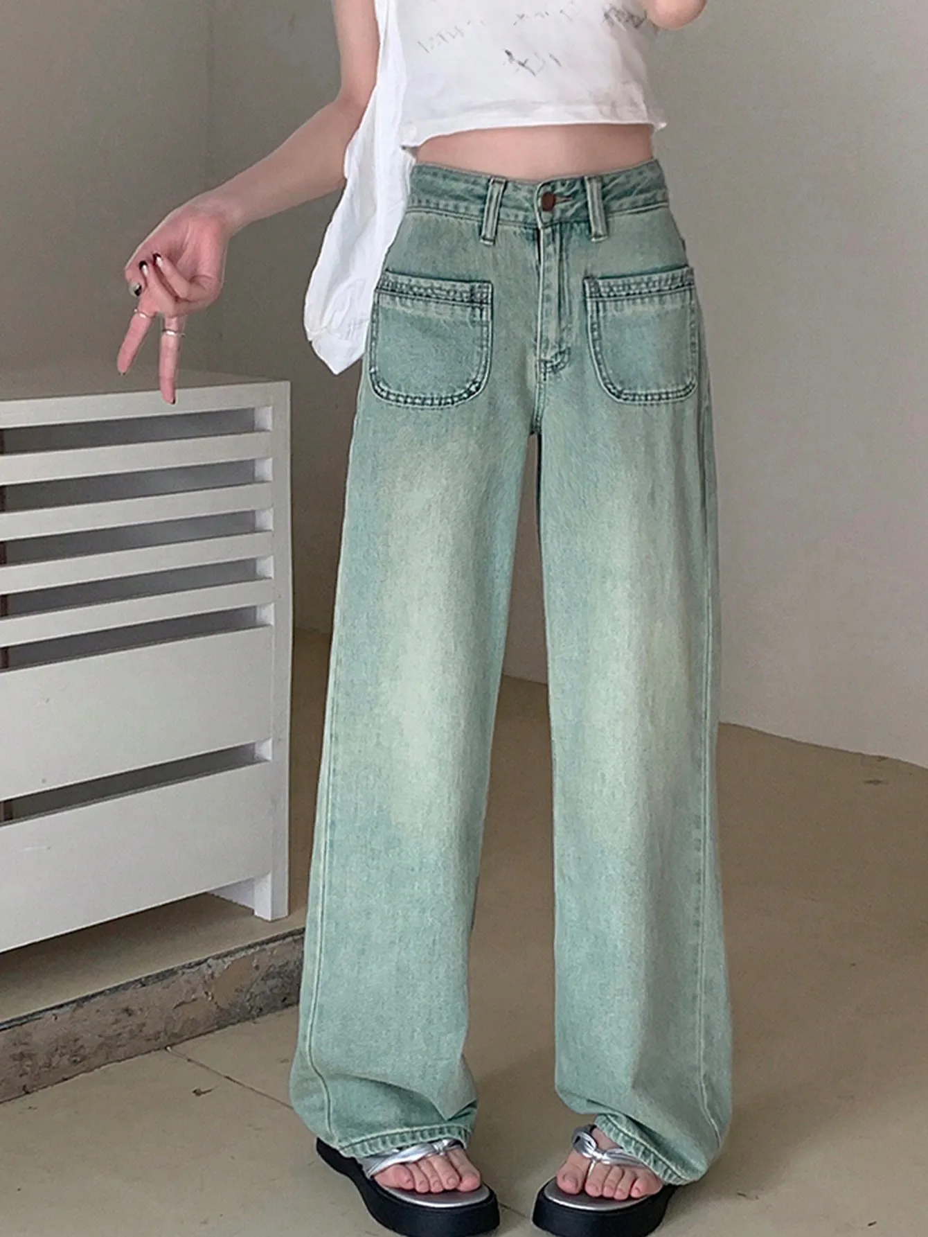 Korean Chic Autum Salt-Based Front Flap Pocket Pants Design Denim Wide-Leg Pants for Small People Loose Slimming Look Straight Pants Evening