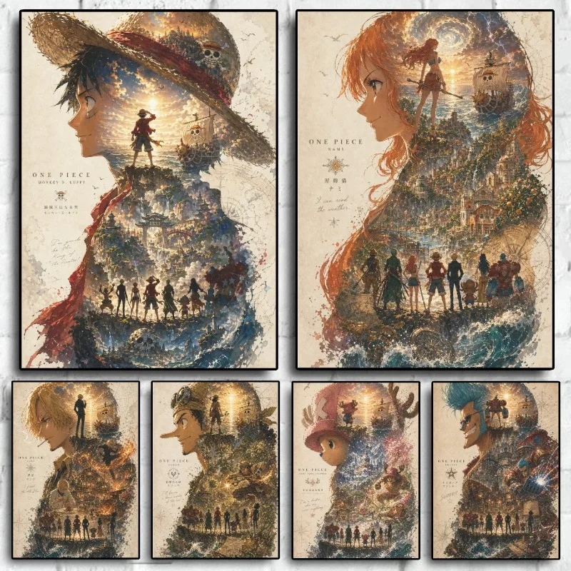 One Piece Luffy Nami Franky Usopp Roronoa Zoro Tony Tony Chopper Retro Anime Poster Background Wall Decoration Gift Collection