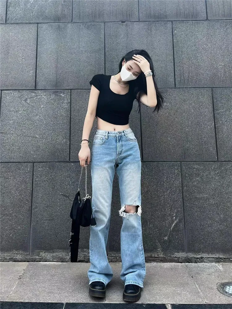 

Retro American Light Blue Hole Straight Leg Jeans Women's Spring Summer Frayed Extended Tall High Street Floor-Length Pants
