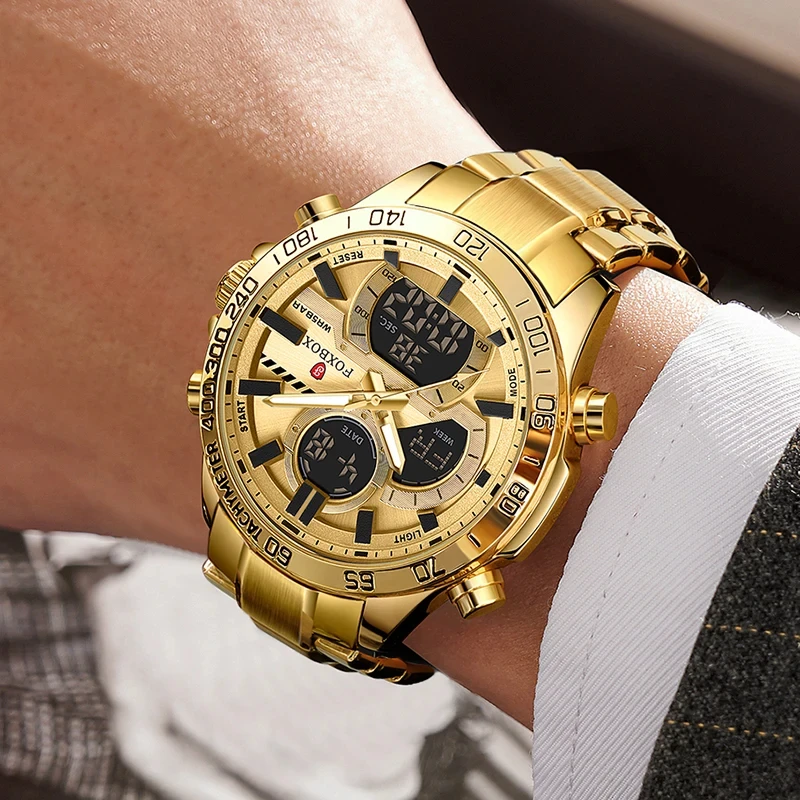 FOXBOX Luxury Original Men Sports Wrist Watch Gold Quartz Steel Waterproof Dual Display Clock Watches Relogio Masculino For Men
