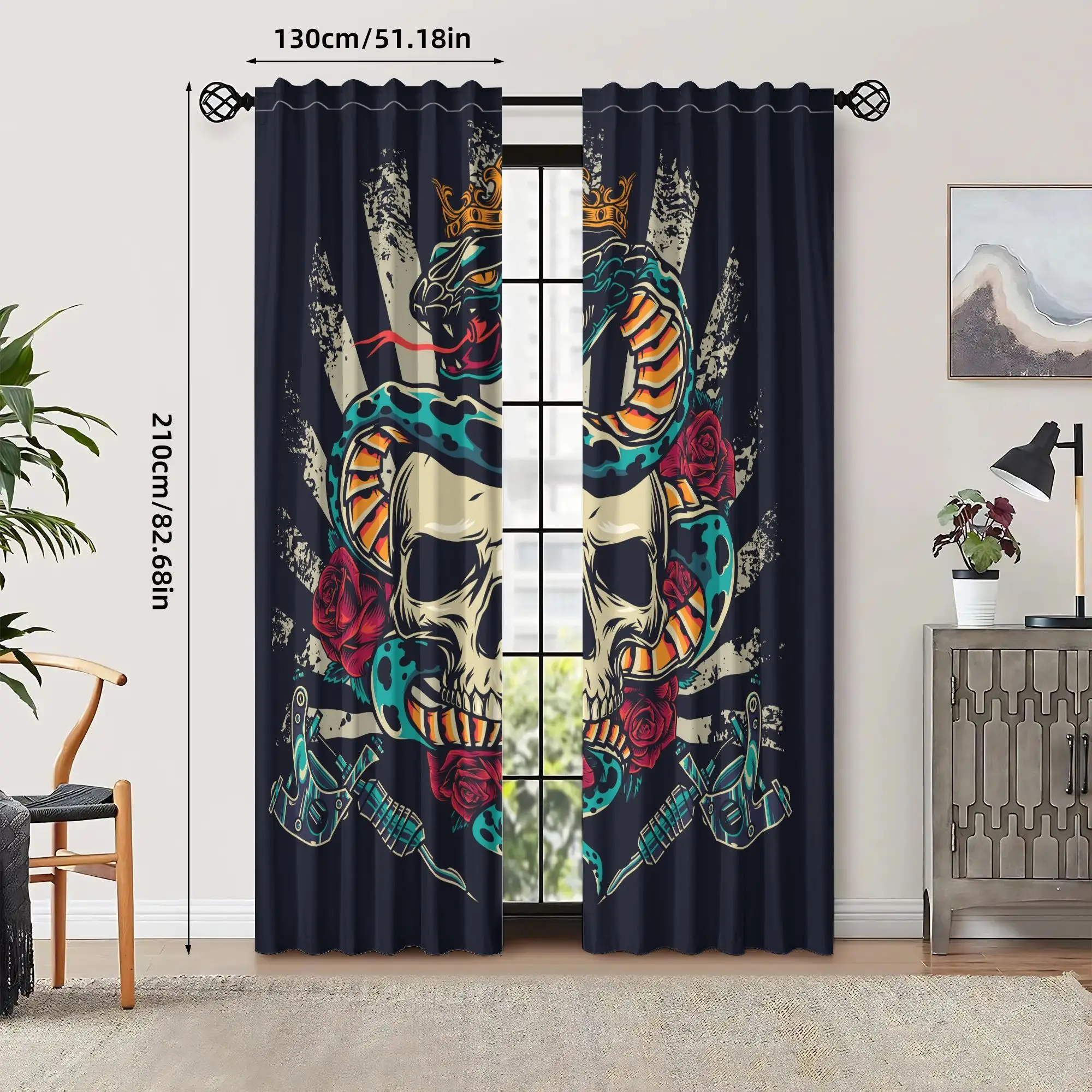 Gothic Skull Rose Print Curtains Dark Alternative Punk Style Window Drapes Bohemian Wall Decor for Living Room Bedroom Houseware