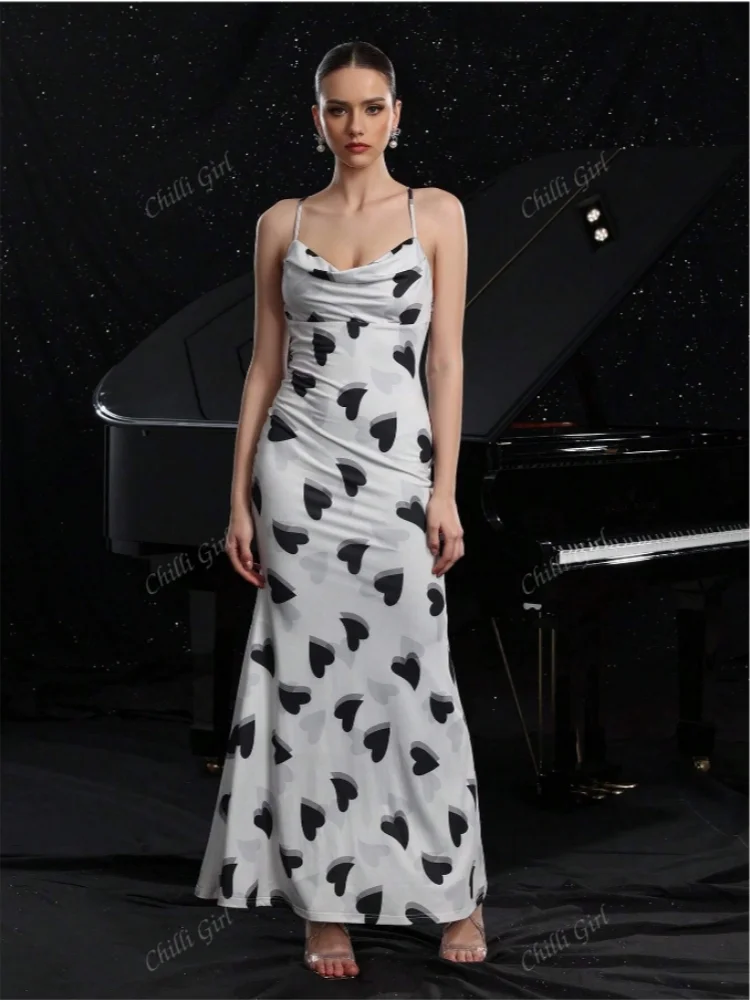 

D & M женское летнее повседневное платье трапециевидной формы с принтом сердца, платья без рукавов с открытой спиной, повседневное платье миди с глубоким вырезом на тонких бретельках