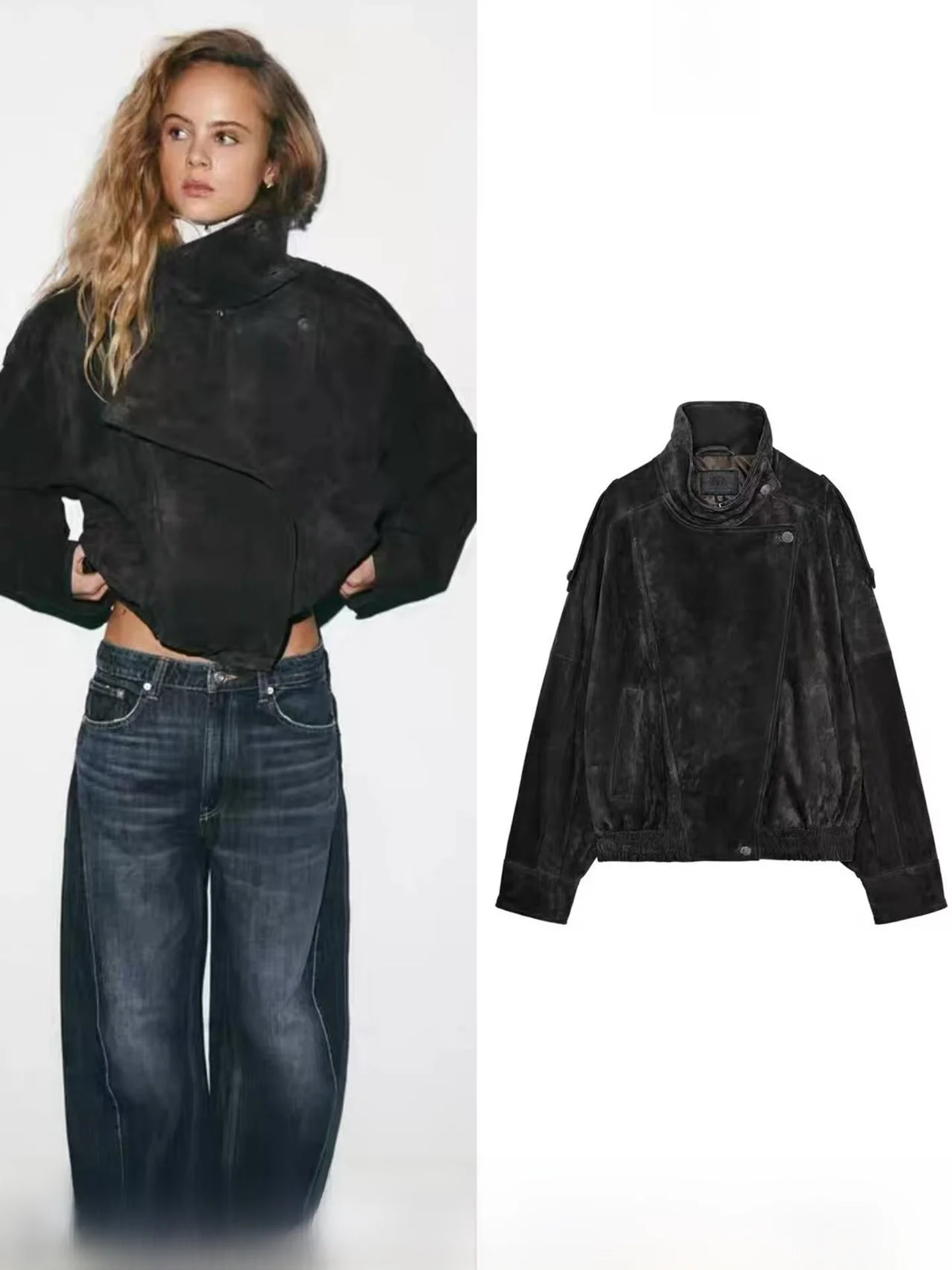 

Spring New Women's Velvet Loose Stand Collar Long Sleeve Leather Motorcycle Jacket Outerwear Casual Style Short Coat